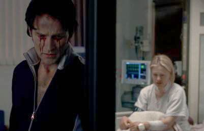 Screencap from True Blood. In the background, Sookie is sitting on a hospital bed crying, and Bill is standing next to the door with bloody tears streaming down his face. Screencap from True Blood. In the background, Sookie is sitting on a hospital bed crying, and Bill is standing next to the door with bloody tears streaming down his face.