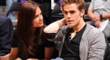 Laker fans Paul Wesley and his girlfriend Torrey DeVitto at a Laker game