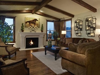 living room with hardwood flooring and vaulted ceilings